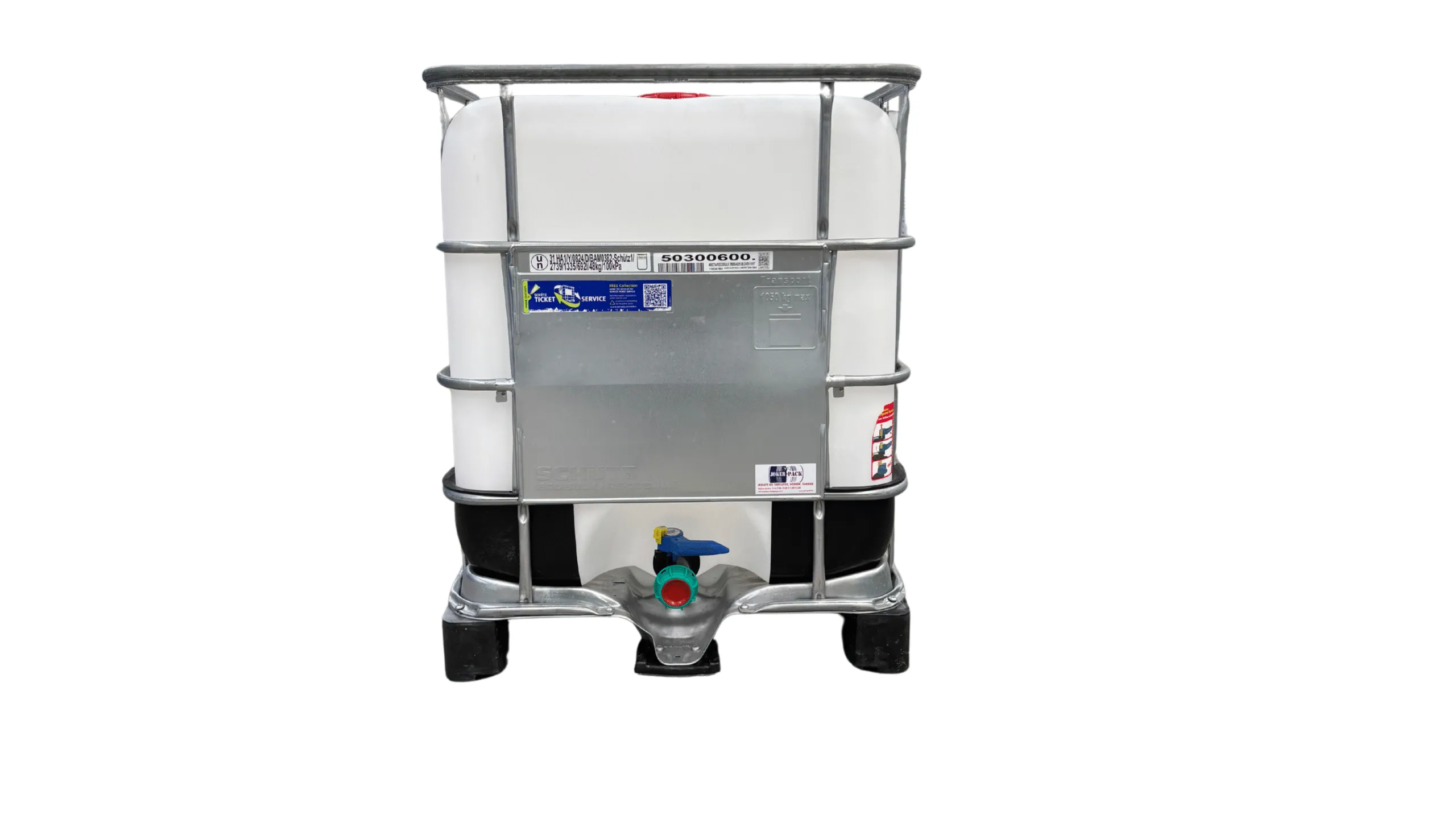 IBC TARTÁLY, SCHÜTZ 640 literes mosott műanyag raklapos IBC tartály ,erősített ,UN minősítéssel 2024-es évjárat