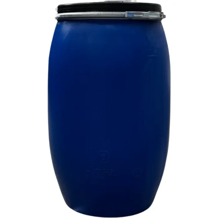 120 literes SCHÜTZ Új műanyag hordó, levehető tetejű, bajonettzáras, UN minősített, Élelmiszerre is!