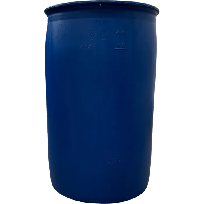 SCHÜTZ  vagy Mauser  220 literes mosott ,kék színű, rögzített tetejű tri-sure záras műanyag hordó , UN minősített,